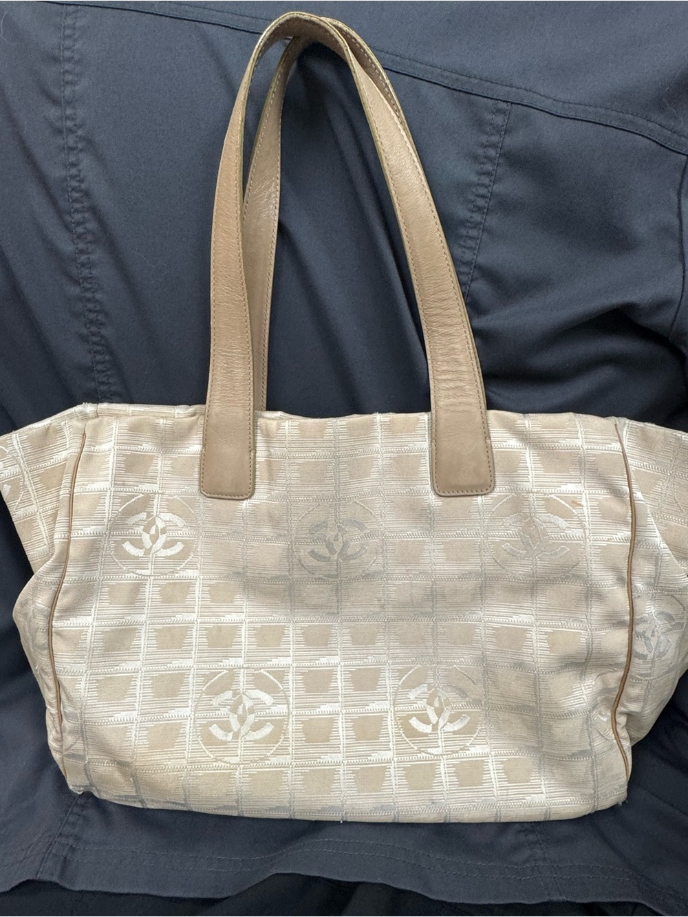 Chanel Travel Line Beige Tote Bag with Leather Handles and Hologram Pictured